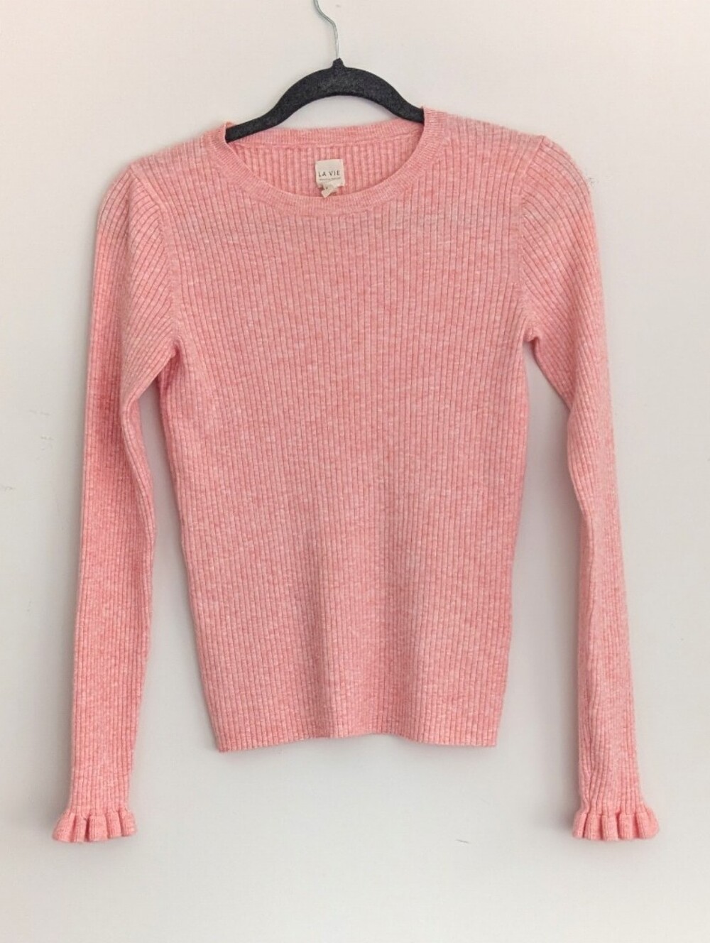 La Vie Rebecca Taylor Pink Ribbed Long-Sleeve Sweater Ruffle Sweater Medium